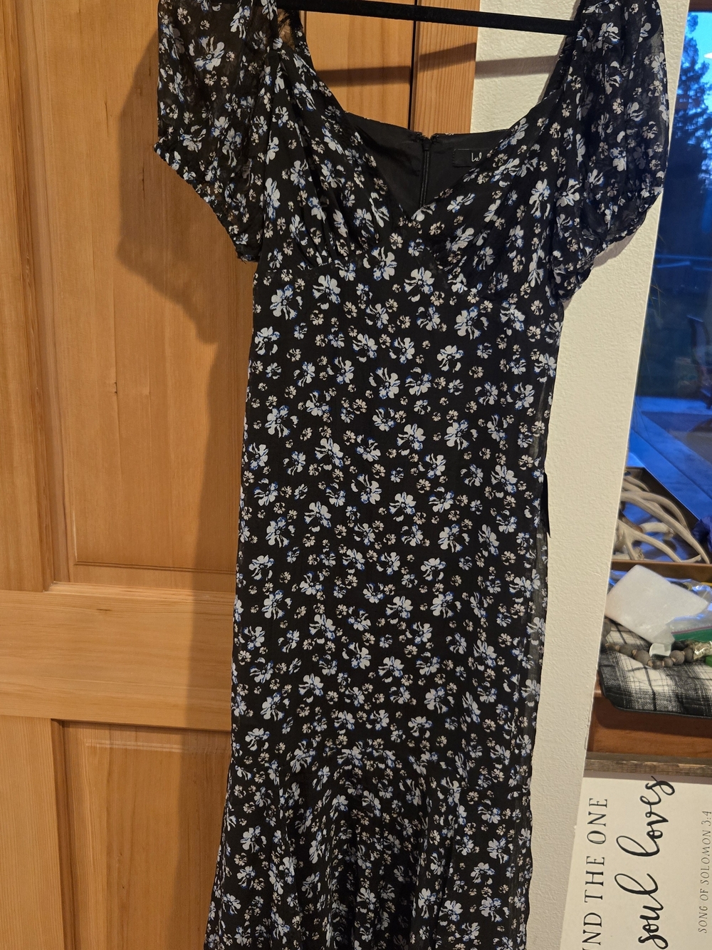 Lulu's Black Midi Dress with Light Blue Floral Print